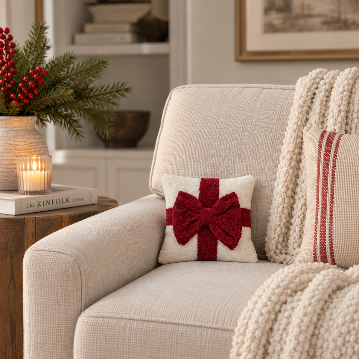 Red Boucle Bow Accent Pillow