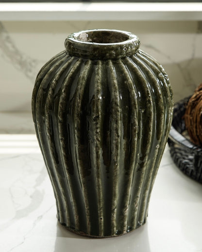 Ribbed Green Terracotta Vase