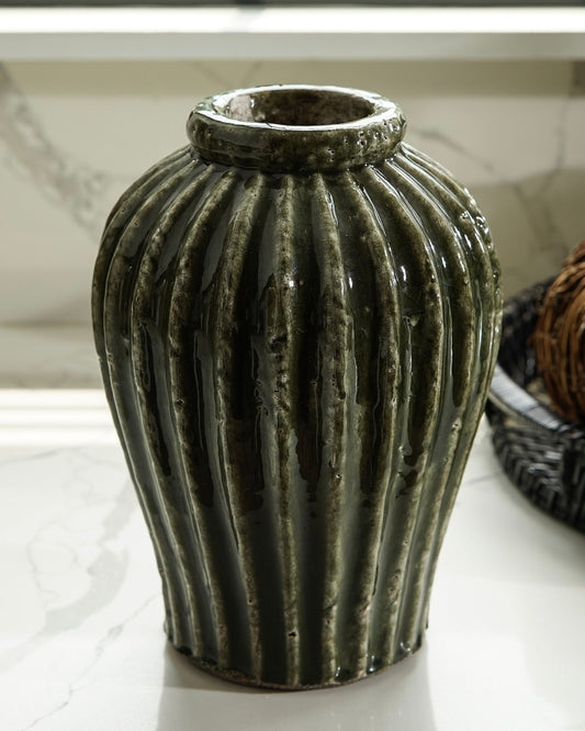 Ribbed Green Terracotta Vase