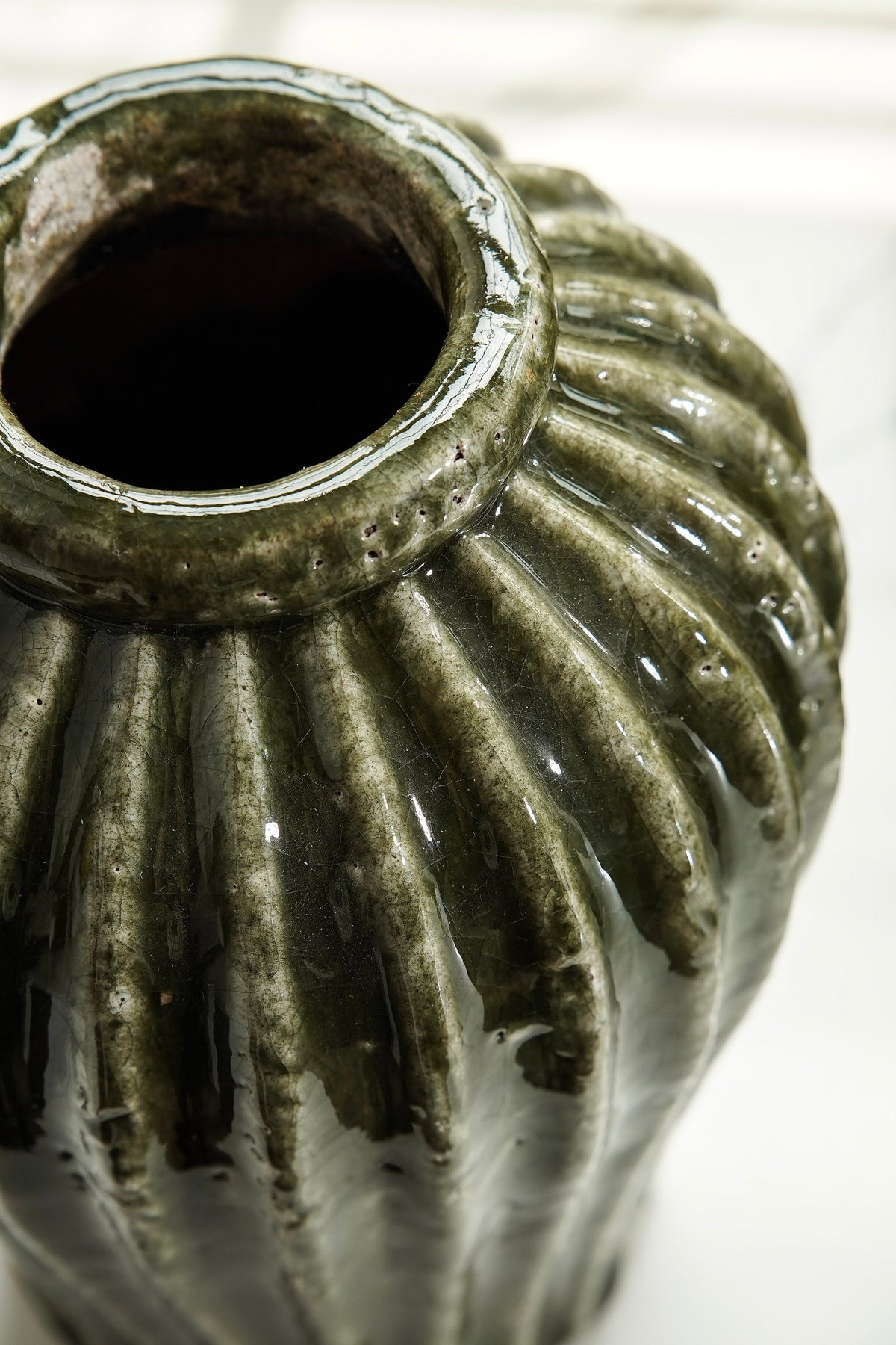 Ribbed Green Terracotta Vase