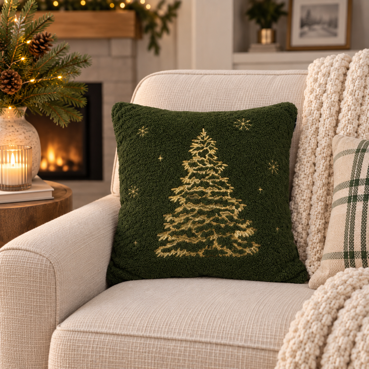 Green Boucle Christmas Tree Pillow