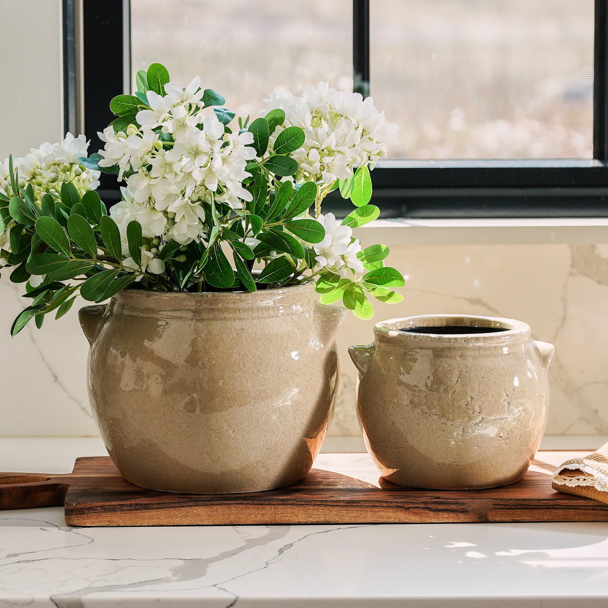 Large Textured Beige Ceramic Crock