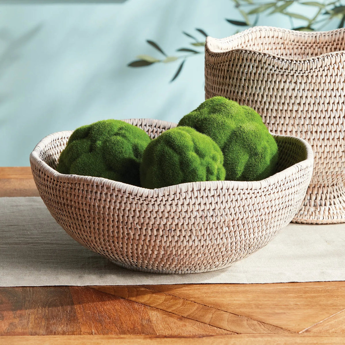 Scalloped Rattan Decorative Bowl - Whitewash